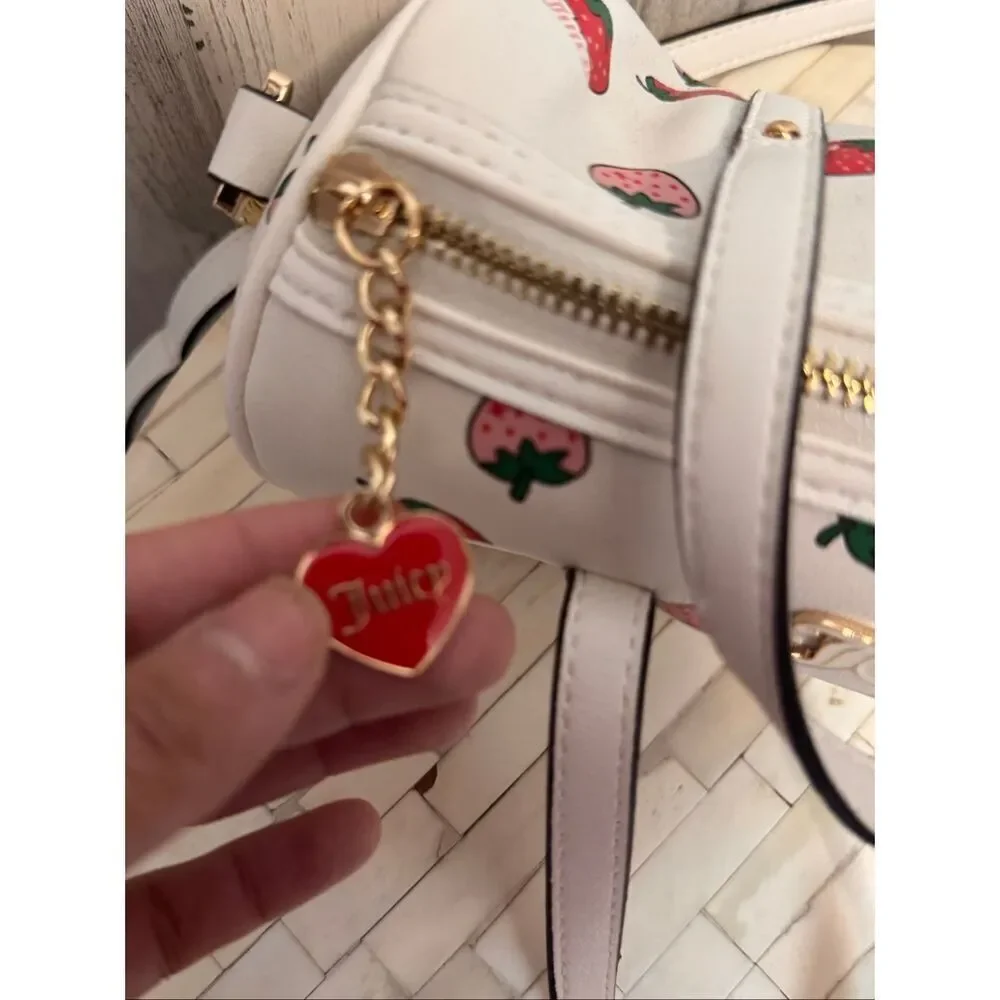 Juicy Couture Strawberry Print Barrel Purse with Coin Pouch | White Pink Red Cro
